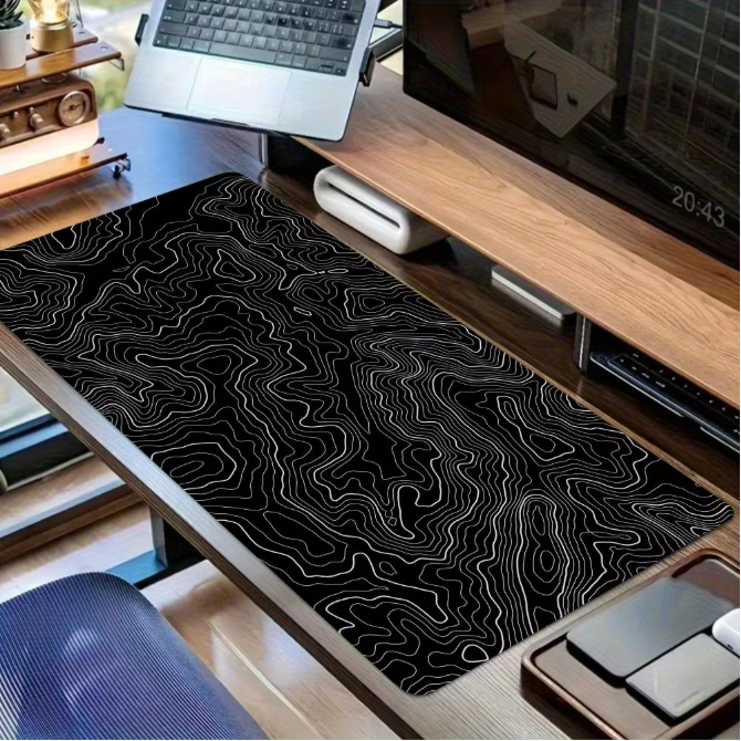 Zwart-witte Topografische Kaart Muismat XXL – Grote Gaming en Bureau Onderlegger met Antislip Rubberen Basis