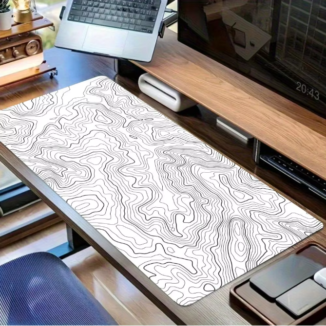 Zwart-witte Topografische Kaart Muismat XXL – Grote Gaming en Bureau Onderlegger met Antislip Rubberen Basis
