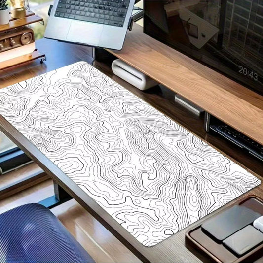 Zwart-witte Topografische Kaart Muismat XXL – Grote Gaming en Bureau Onderlegger met Antislip Rubberen Basis