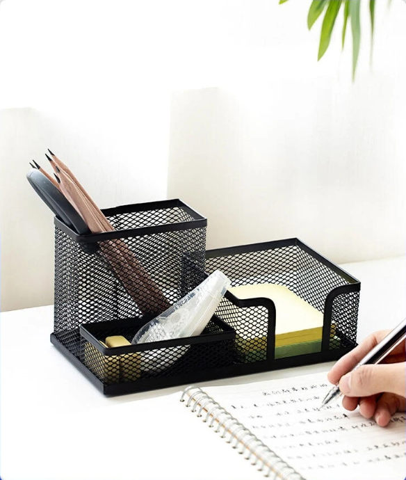 Metalen Gaas Pennenhouder met 3 Vakken – Multifunctionele Bureau Organizer