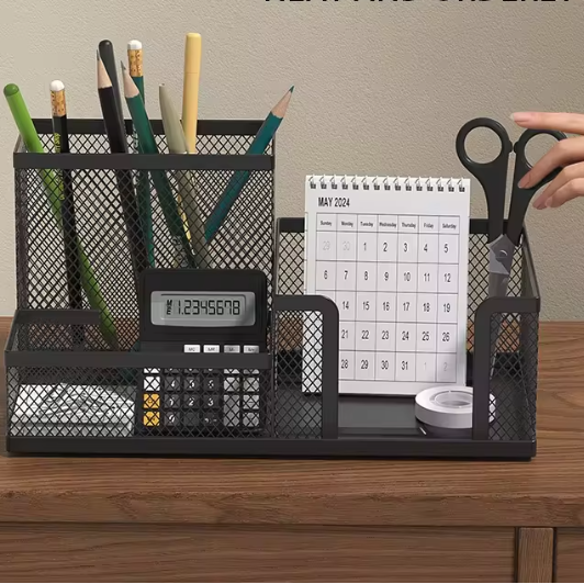 Metalen Gaas Pennenhouder met 3 Vakken – Multifunctionele Bureau Organizer