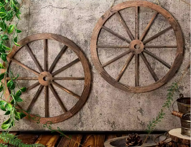 Set van 2 Rustieke Houten Wagenwiel Decoraties – Western Cowboy Wanddecoratie