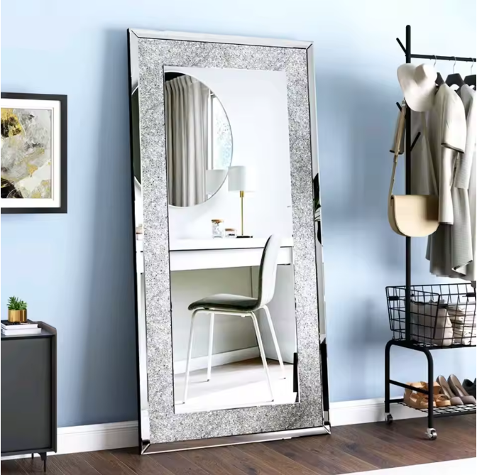 Luxe Kristal Wandspiegel Zilver – Decoratieve Strass Spiegel voor Woonkamer en Slaapkamer