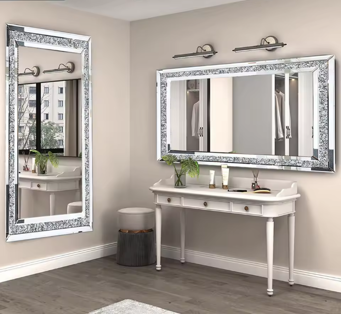 Luxe Kristal Wandspiegel Zilver – Decoratieve Strass Spiegel voor Woonkamer en Slaapkamer