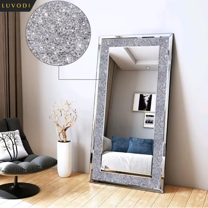Luxe Kristal Wandspiegel Zilver – Decoratieve Strass Spiegel voor Woonkamer en Slaapkamer