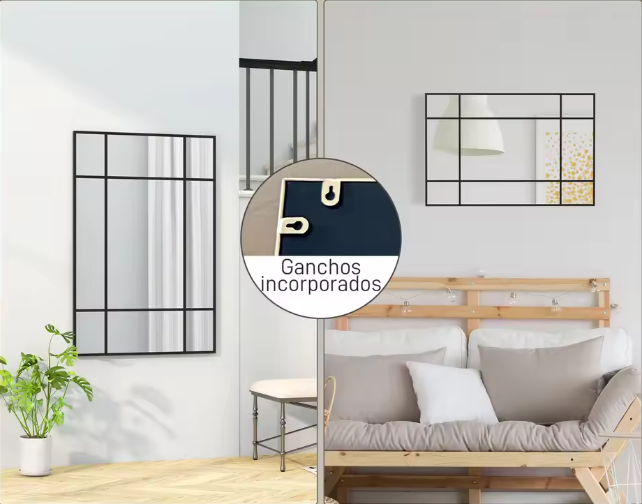 Rechthoekige Wandspiegel 90 × 60 cm – Metalen Frame Spiegel met Raamdesign