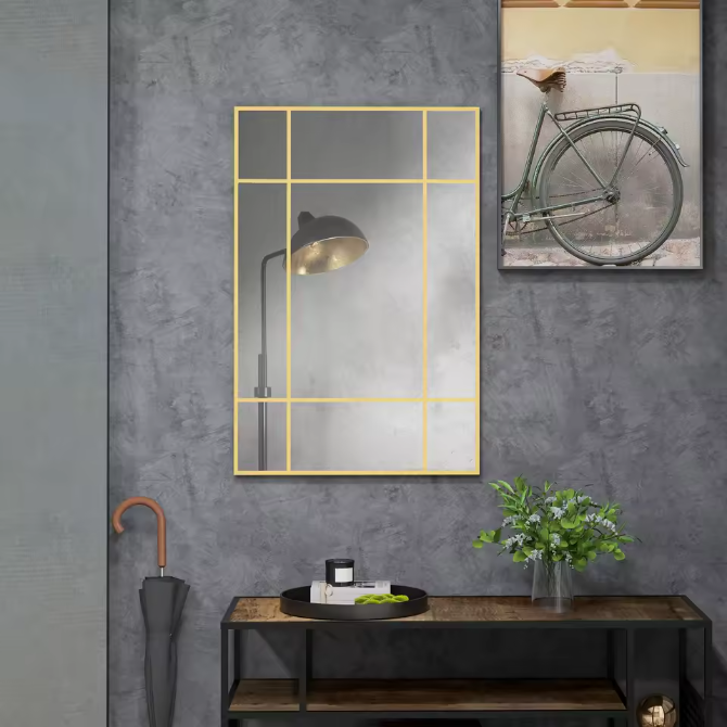 Rechthoekige Wandspiegel 90 × 60 cm – Metalen Frame Spiegel met Raamdesign