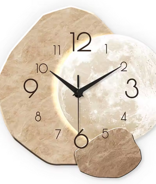 Moderne Houten Wandklok met Maan Design – Stille Quartz Klok voor Woonkamer en Slaapkamer