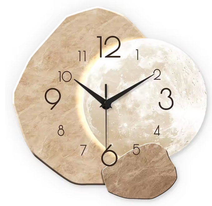 Moderne Houten Wandklok met Maan Design – Stille Quartz Klok voor Woonkamer en Slaapkamer