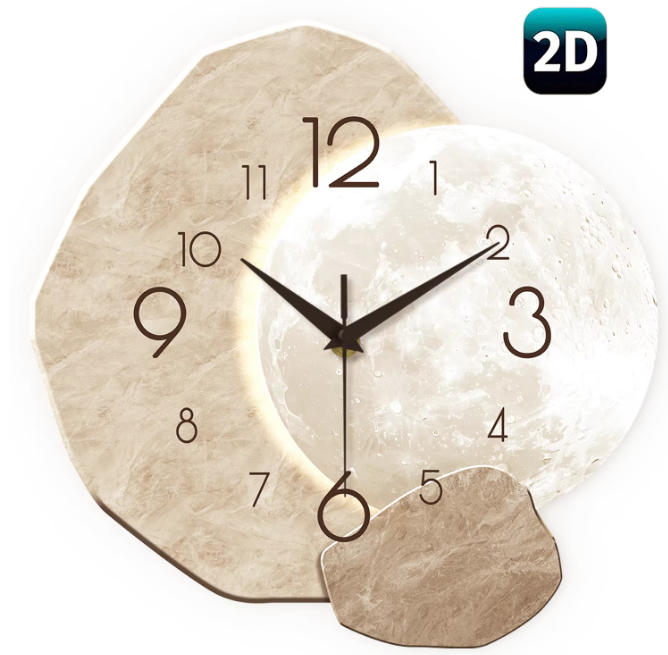 Moderne Houten Wandklok met Maan Design – Stille Quartz Klok voor Woonkamer en Slaapkamer