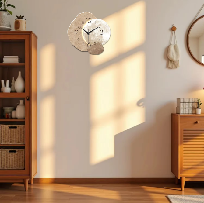Moderne Houten Wandklok met Maan Design – Stille Quartz Klok voor Woonkamer en Slaapkamer
