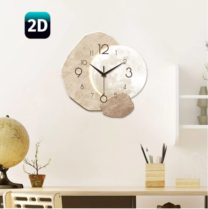 Moderne Houten Wandklok met Maan Design – Stille Quartz Klok voor Woonkamer en Slaapkamer
