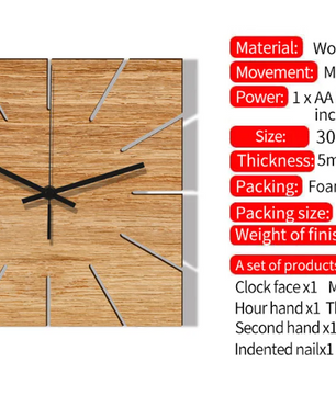 Vierkante Houten Wandklok – Moderne Stille Muurklok voor Woonkamer en Slaapkamer