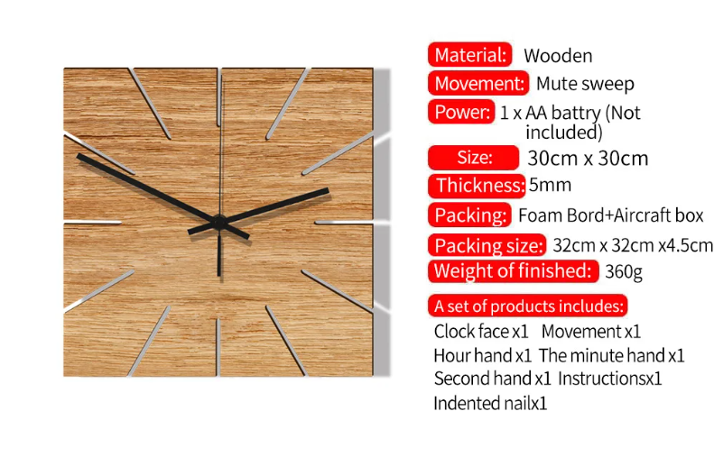 Vierkante Houten Wandklok – Moderne Stille Muurklok voor Woonkamer en Slaapkamer