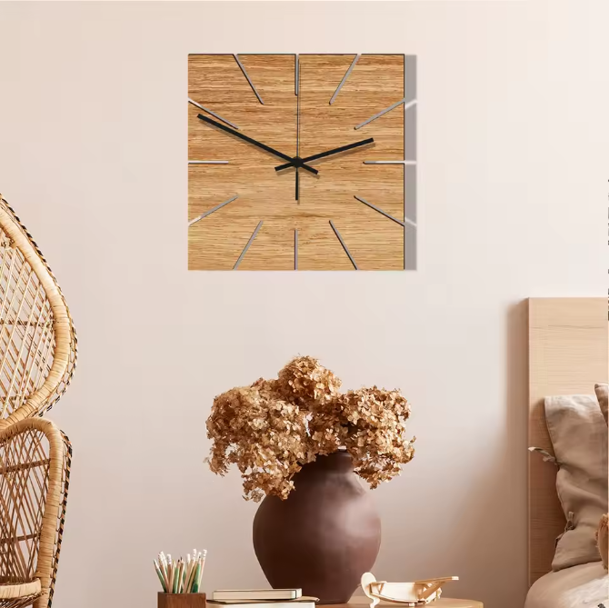Vierkante Houten Wandklok – Moderne Stille Muurklok voor Woonkamer en Slaapkamer