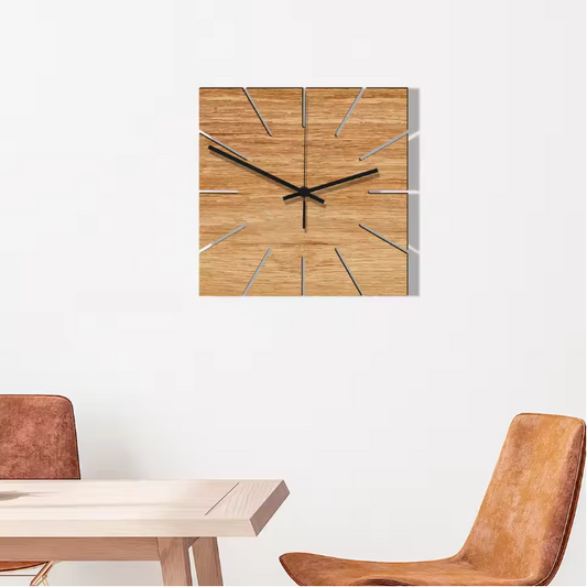 Vierkante Houten Wandklok – Moderne Stille Muurklok voor Woonkamer en Slaapkamer
