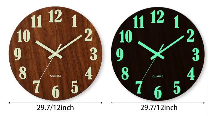 Lichtgevende Houten Wandklok – Stille Scandinavische Muurklok met Glow-in-the-Dark Cijfers