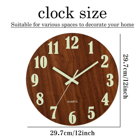 Lichtgevende Houten Wandklok – Stille Scandinavische Muurklok met Glow-in-the-Dark Cijfers