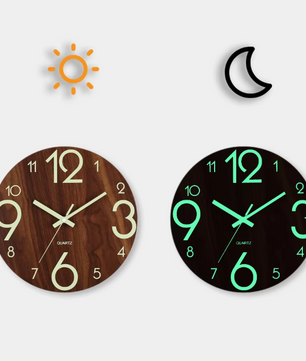 Lichtgevende Houten Wandklok – Stille Scandinavische Muurklok met Glow-in-the-Dark Cijfers