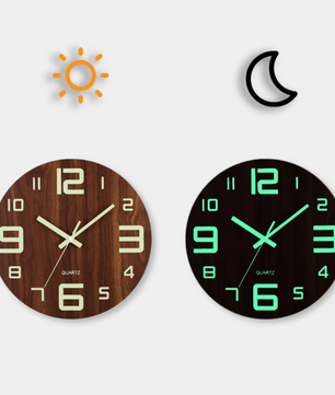 Lichtgevende Houten Wandklok – Stille Scandinavische Muurklok met Glow-in-the-Dark Cijfers