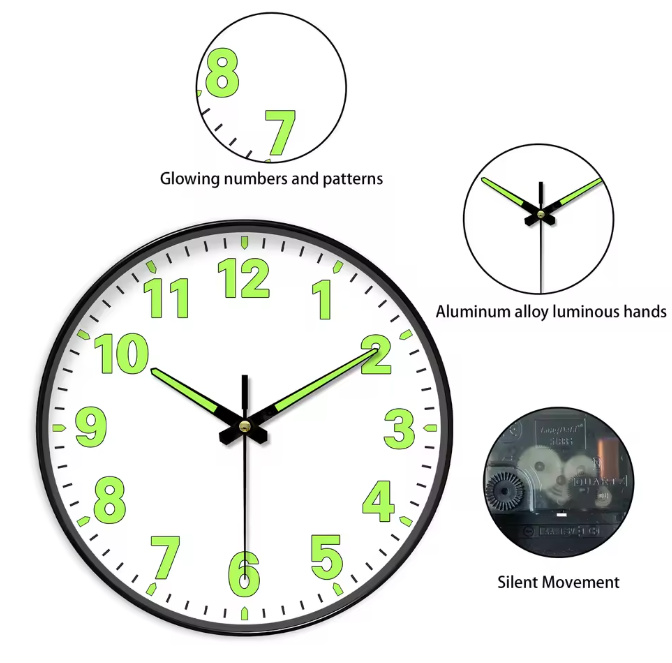 Minimalistische Lichtgevende Wandklok – Stille Quartz Muurklok met Glow-in-the-Dark Wijzers