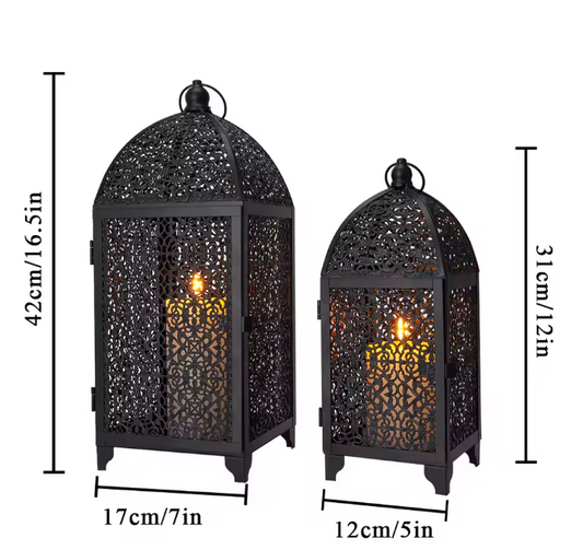 Set van 2 Vintage Metalen Kaarslantaarns – Zwarte Decoratieve Hanglantaarns
