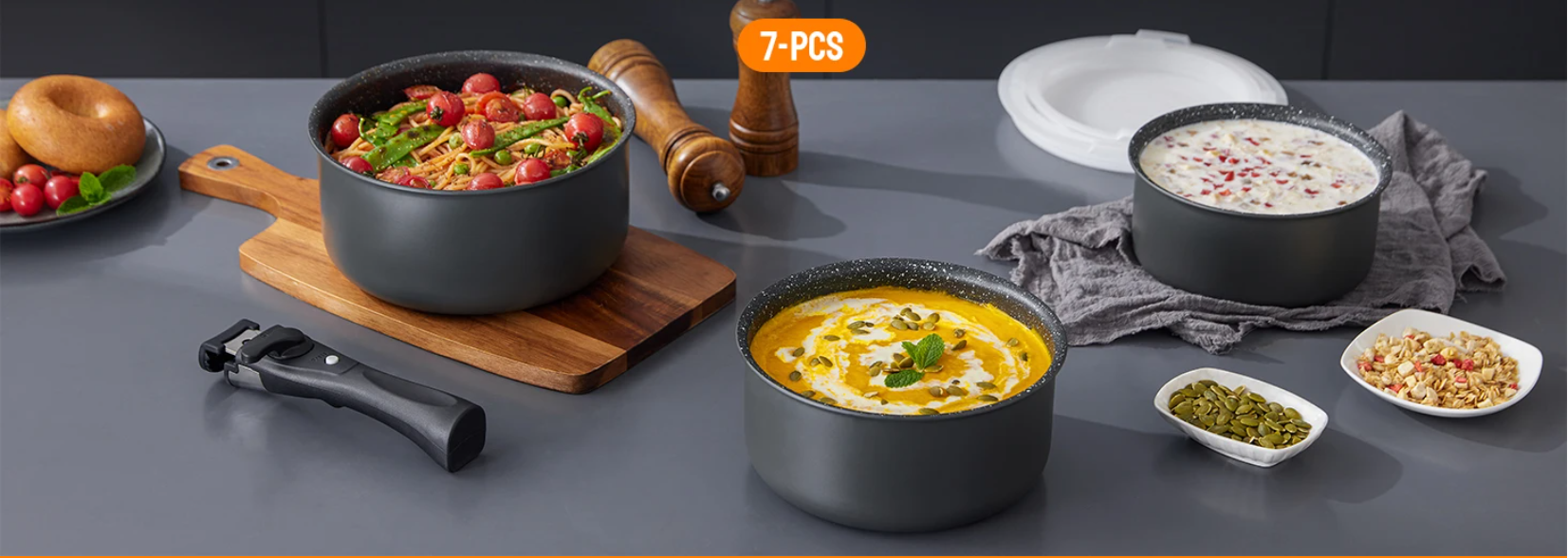 Steelpannenset met Antiaanbaklaag – 3 Pannen met Afneembare Handgreep en Deksels