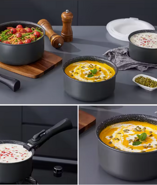 Steelpannenset met Antiaanbaklaag – 3 Pannen met Afneembare Handgreep en Deksels