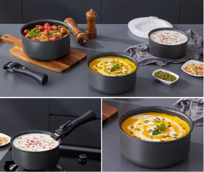 Steelpannenset met Antiaanbaklaag – 3 Pannen met Afneembare Handgreep en Deksels