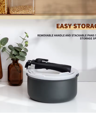 Steelpannenset met Antiaanbaklaag – 3 Pannen met Afneembare Handgreep en Deksels