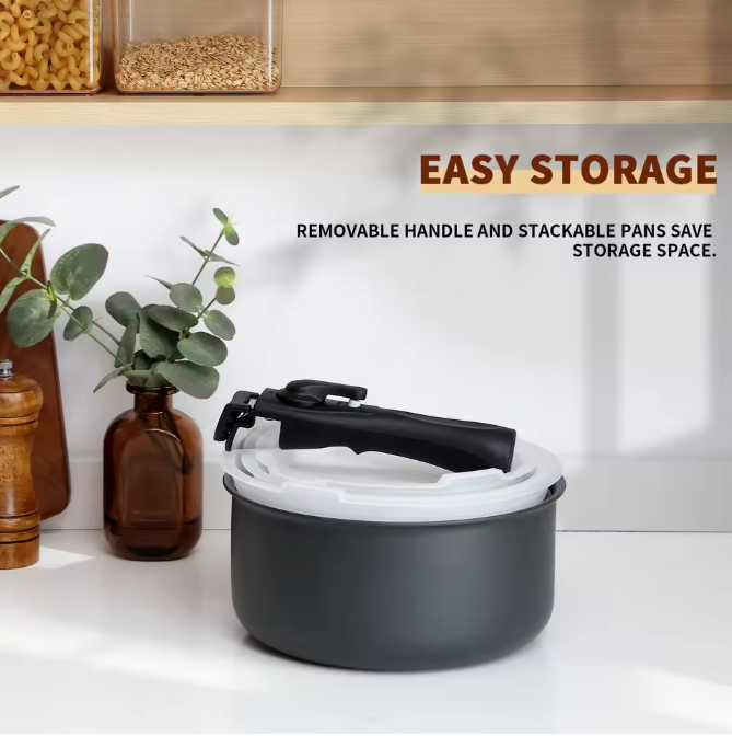 Steelpannenset met Antiaanbaklaag – 3 Pannen met Afneembare Handgreep en Deksels