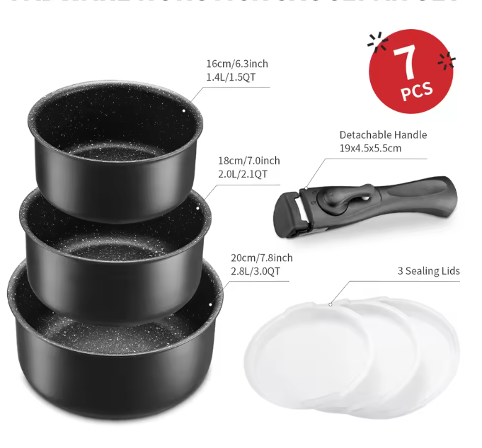Steelpannenset met Antiaanbaklaag – 3 Pannen met Afneembare Handgreep en Deksels