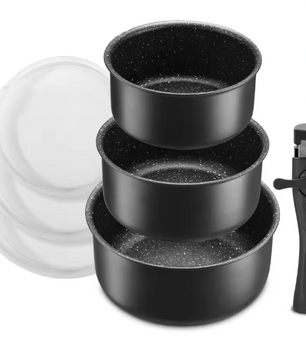 Steelpannenset met Antiaanbaklaag – 3 Pannen met Afneembare Handgreep en Deksels