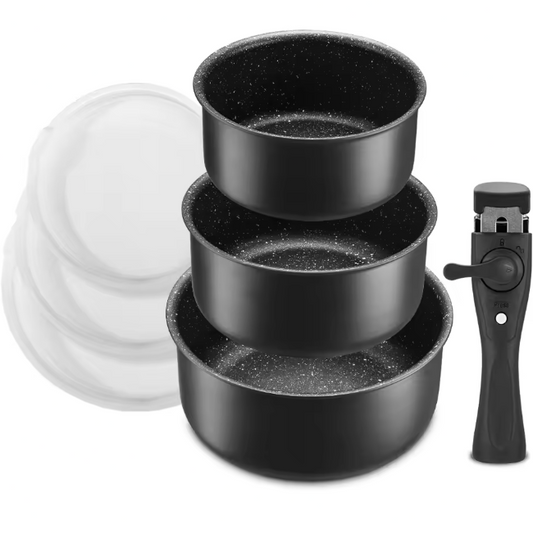 Steelpannenset met Antiaanbaklaag – 3 Pannen met Afneembare Handgreep en Deksels