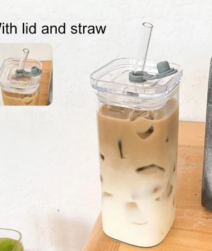 Vierkante Glazen Koffiemok met Deksel en Rietje – Transparante Drinkbeker voor Ijskoffie en Dranken