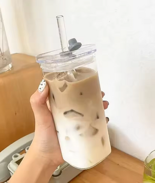 Vierkante Glazen Koffiemok met Deksel en Rietje – Transparante Drinkbeker voor Ijskoffie en Dranken