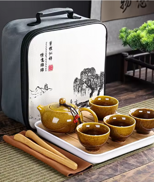 Draagbare Kung Fu Theeset met Reistas – Porseleinen Theepot en 4 Theekopjes