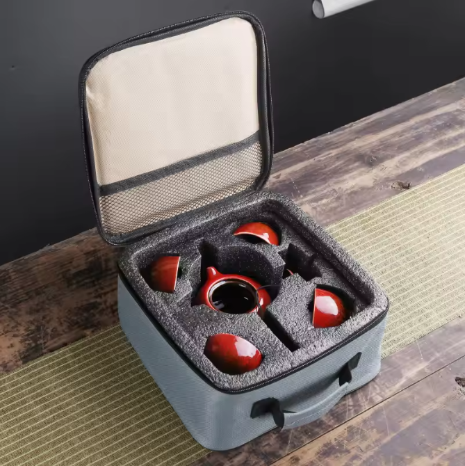 Draagbare Kung Fu Theeset met Reistas – Porseleinen Theepot en 4 Theekopjes