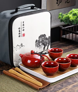 Draagbare Kung Fu Theeset met Reistas – Porseleinen Theepot en 4 Theekopjes