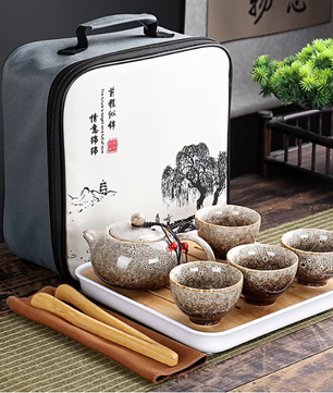 Draagbare Kung Fu Theeset met Reistas – Porseleinen Theepot en 4 Theekopjes