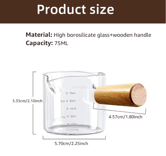 Glazen Espresso Maatbeker met Houten Handvat – Barista Meetbeker voor Koffie en Melk