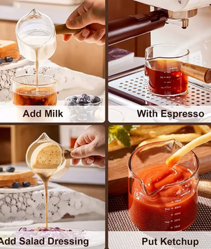 Glazen Espresso Maatbeker met Houten Handvat – Barista Meetbeker voor Koffie en Melk