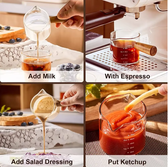 Glazen Espresso Maatbeker met Houten Handvat – Barista Meetbeker voor Koffie en Melk