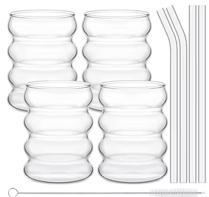 Set van 4 Geribbelde Glazen Bekers met Rietjes – Creatieve Drinkglazen voor Koffie, Cocktails en Frisdrank