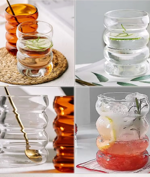 Set van 4 Geribbelde Glazen Bekers met Rietjes – Creatieve Drinkglazen voor Koffie, Cocktails en Frisdrank