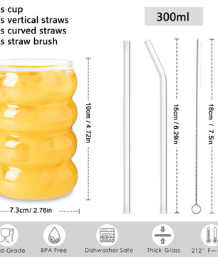 Set van 4 Geribbelde Glazen Bekers met Rietjes – Creatieve Drinkglazen voor Koffie, Cocktails en Frisdrank