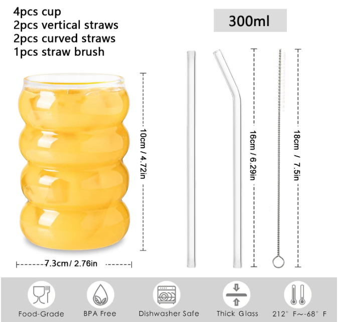 Set van 4 Geribbelde Glazen Bekers met Rietjes – Creatieve Drinkglazen voor Koffie, Cocktails en Frisdrank