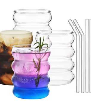 Set van 4 Geribbelde Glazen Bekers met Rietjes – Creatieve Drinkglazen voor Koffie, Cocktails en Frisdrank