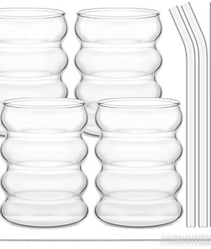 Set van 4 Vintage Geribbelde Glazen Bekers met Rietjes – Esthetische Drinkglazen voor Koffie, Sap en Cocktails