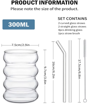 Set van 4 Vintage Geribbelde Glazen Bekers met Rietjes – Esthetische Drinkglazen voor Koffie, Sap en Cocktails